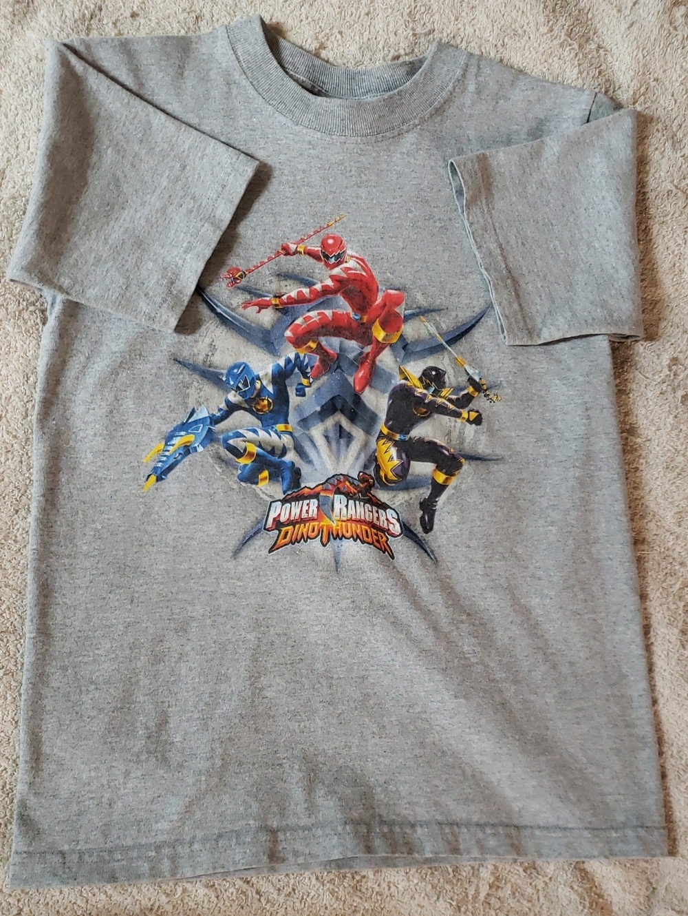 Vintage Disney Power Rangers Dino Thunder Gray Tee with Red, Blue, Black Rangers